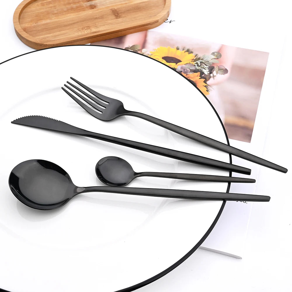 4Pcs Black Silver Dinnerware Set Stainless Steel Cutlery Set Kitchen Mirror Gold Tableware Set Dinner Knife Fork Teaspoon Set