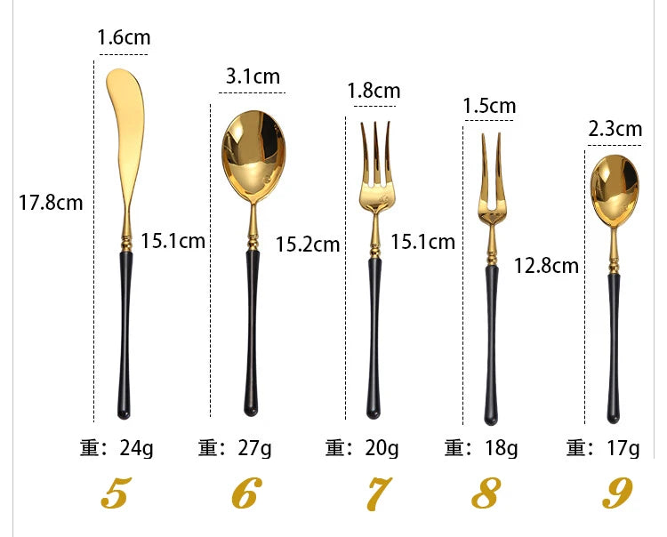 304 Golden Stainless Steel Flatware Kitchen Western Cutlery Set Steak Coffee Dessert Tableware black handle Knife and Fork