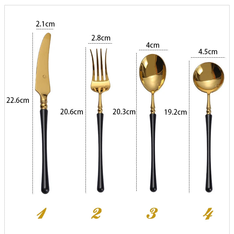 304 Golden Stainless Steel Flatware Kitchen Western Cutlery Set Steak Coffee Dessert Tableware black handle Knife and Fork