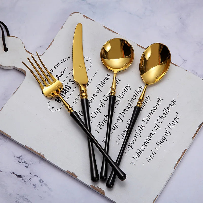 304 Golden Stainless Steel Flatware Kitchen Western Cutlery Set Steak Coffee Dessert Tableware black handle Knife and Fork