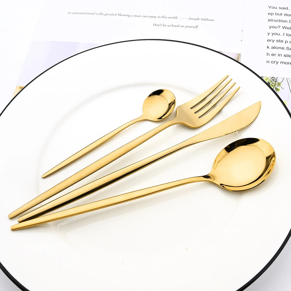 4Pcs Black Silver Dinnerware Set Stainless Steel Cutlery Set Kitchen Mirror Gold Tableware Set Dinner Knife Fork Teaspoon Set