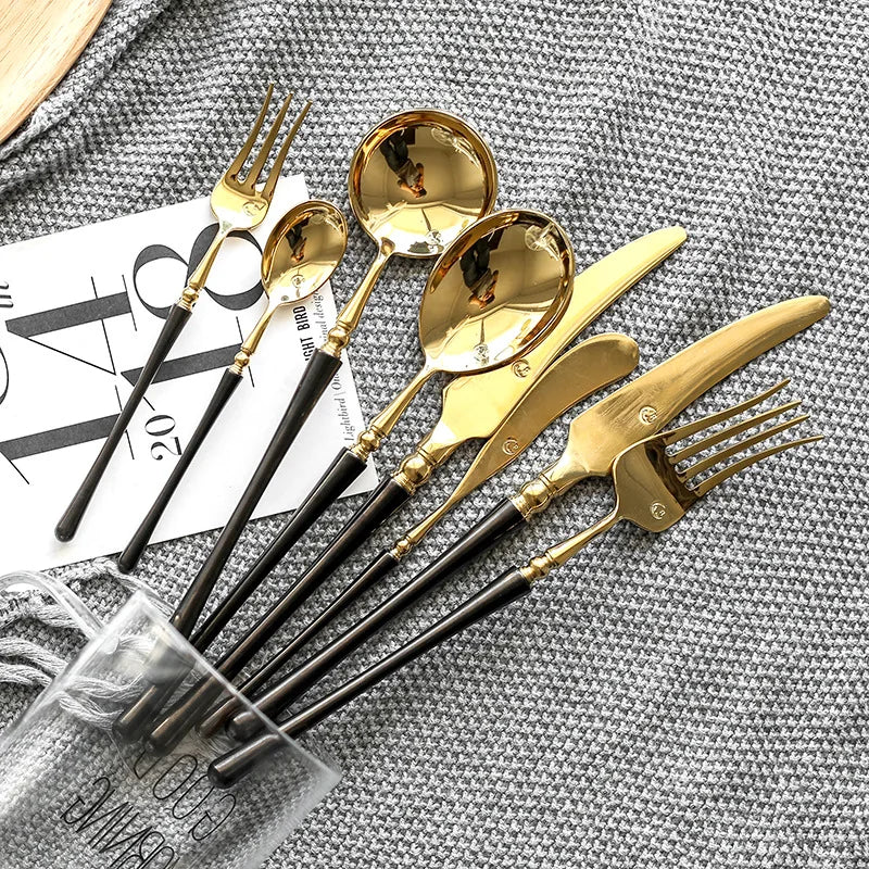 304 Golden Stainless Steel Flatware Kitchen Western Cutlery Set Steak Coffee Dessert Tableware black handle Knife and Fork