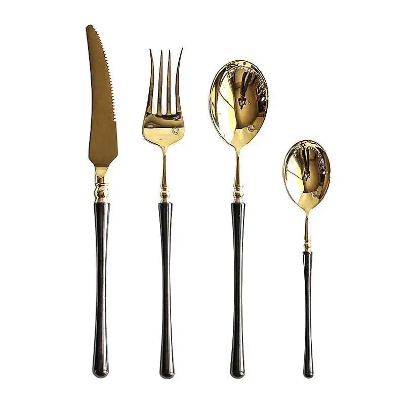 304 Golden Stainless Steel Flatware Kitchen Western Cutlery Set Steak Coffee Dessert Tableware black handle Knife and Fork