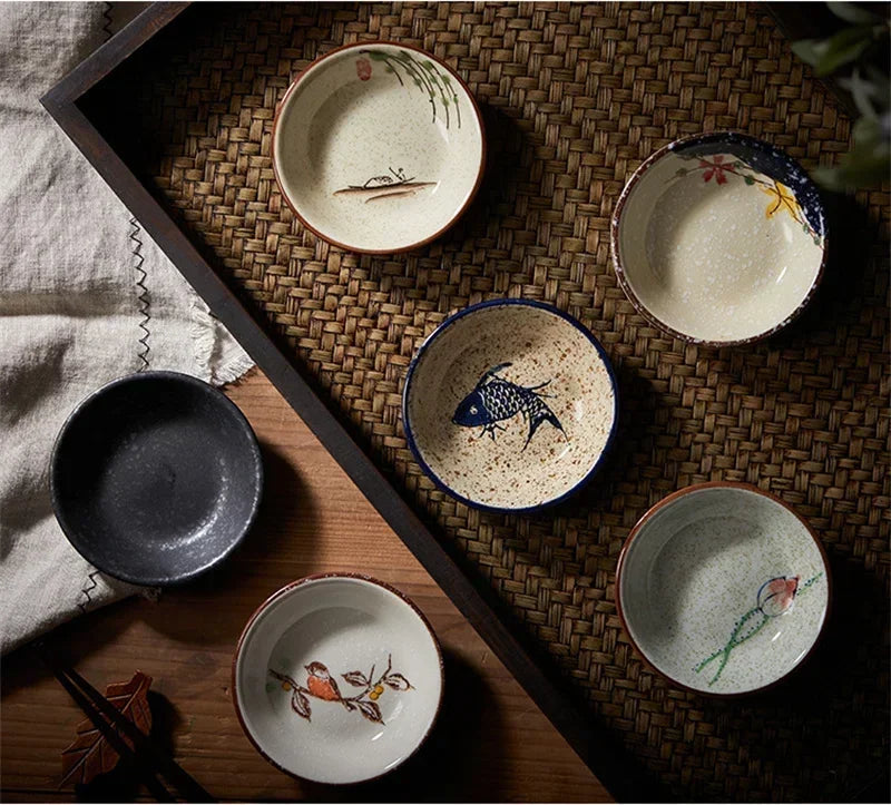 Ceramic Season Dish Japanese Flower Bird Pattern Porcelain Taste Plate Round Small Plate Dipping Saucer Dish Kitchen Tableware