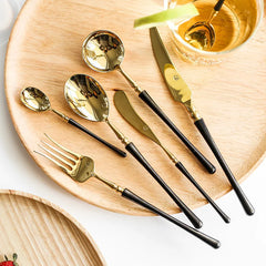 304 Golden Stainless Steel Flatware Kitchen Western Cutlery Set Steak Coffee Dessert Tableware black handle Knife and Fork