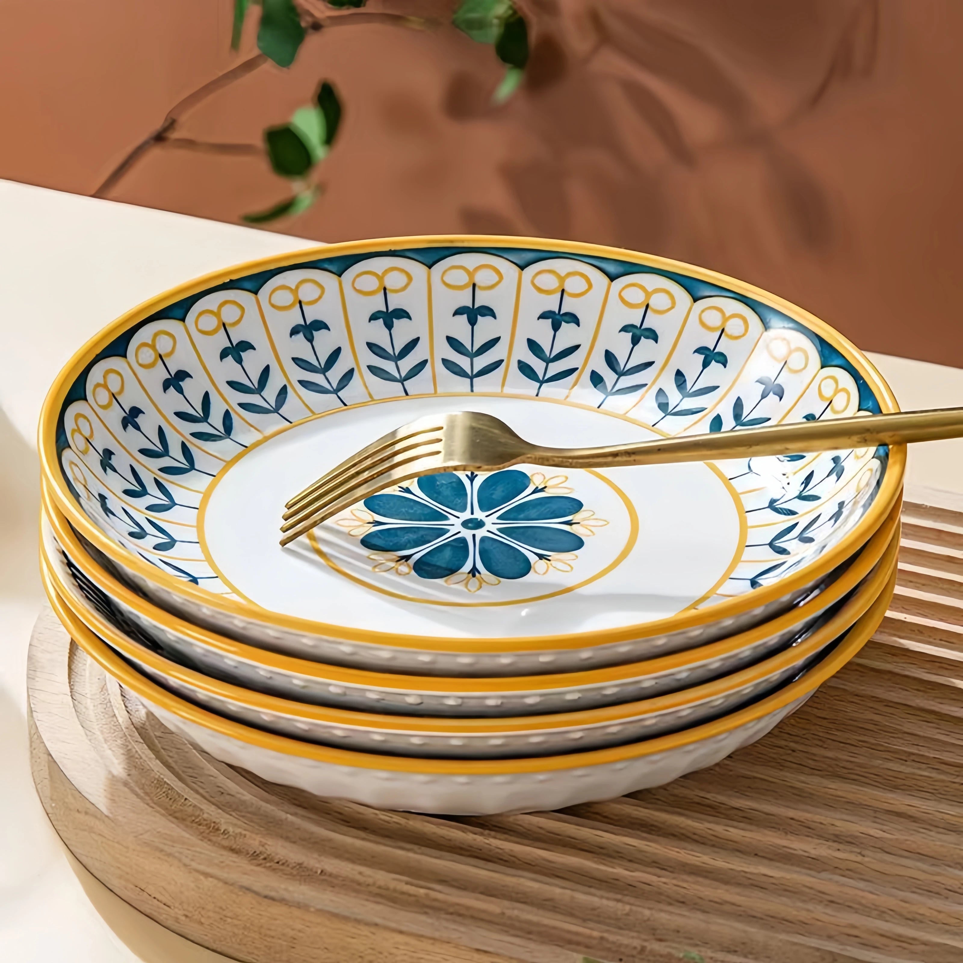 4 pcs ceramic 8-inch discs, Japanese dining table serving plates, relief craft salad pasta plates