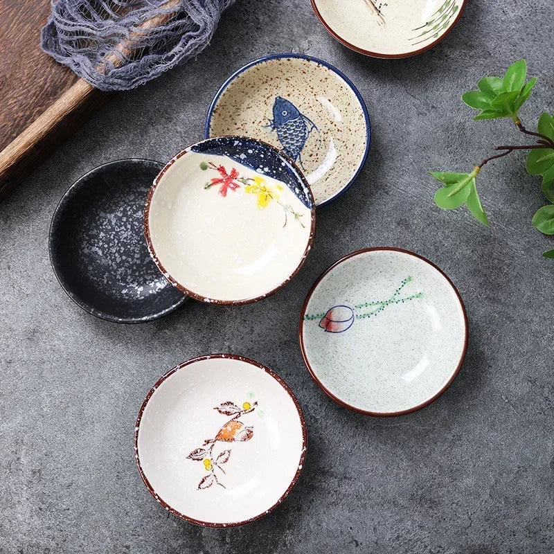 Ceramic Season Dish Japanese Flower Bird Pattern Porcelain Taste Plate Round Small Plate Dipping Saucer Dish Kitchen Tableware