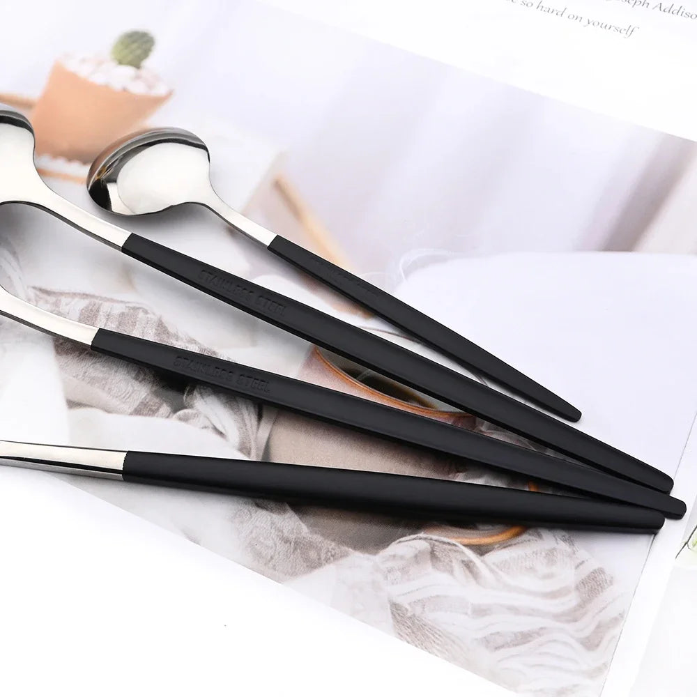 4Pcs Black Silver Dinnerware Set Stainless Steel Cutlery Set Kitchen Mirror Gold Tableware Set Dinner Knife Fork Teaspoon Set