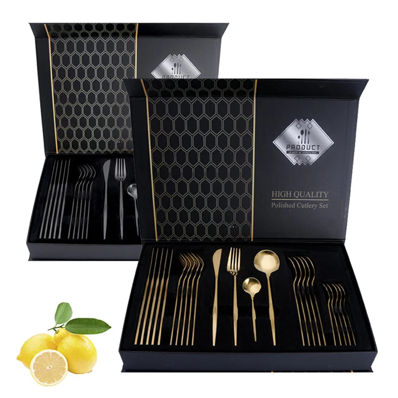 24PCS Gold Cutlery Sets Stainless Knife Forks Spoons Flatware Tableware Set Gift Box Portable Dinnerware Dishwasher Kitchenware