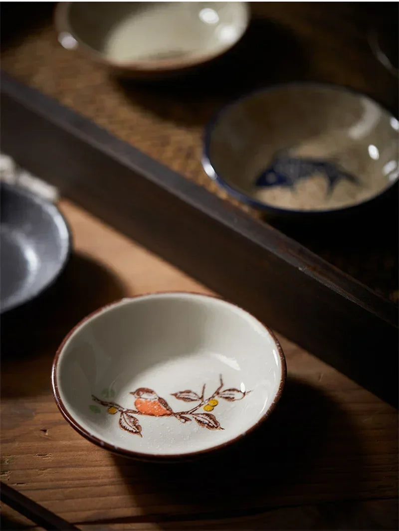 Ceramic Season Dish Japanese Flower Bird Pattern Porcelain Taste Plate Round Small Plate Dipping Saucer Dish Kitchen Tableware