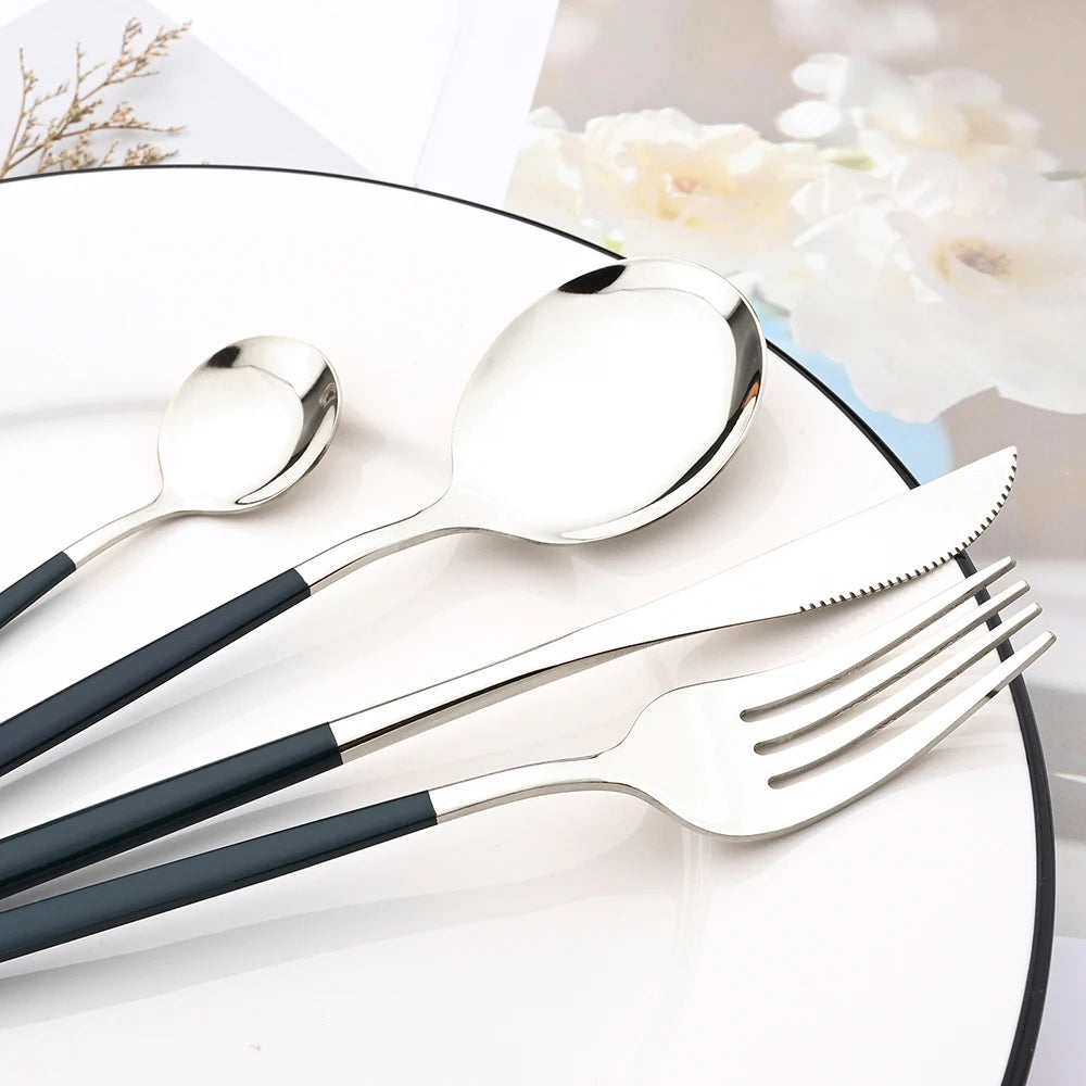 4Pcs Black Silver Dinnerware Set Stainless Steel Cutlery Set Kitchen Mirror Gold Tableware Set Dinner Knife Fork Teaspoon Set