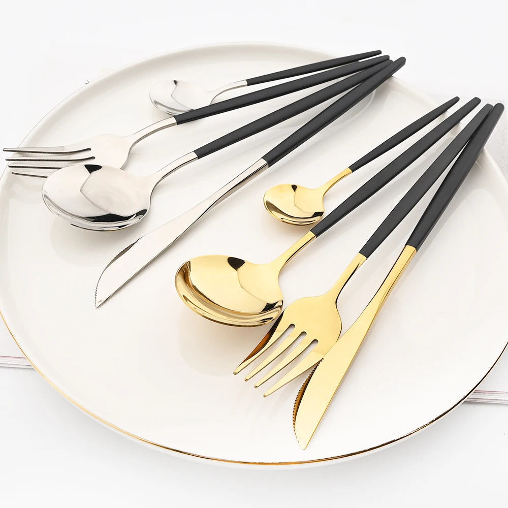 4Pcs Black Silver Dinnerware Set Stainless Steel Cutlery Set Kitchen Mirror Gold Tableware Set Dinner Knife Fork Teaspoon Set