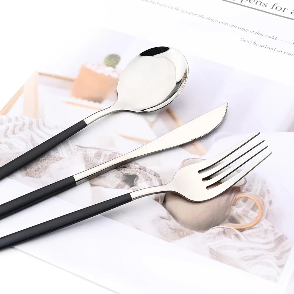 4Pcs Black Silver Dinnerware Set Stainless Steel Cutlery Set Kitchen Mirror Gold Tableware Set Dinner Knife Fork Teaspoon Set