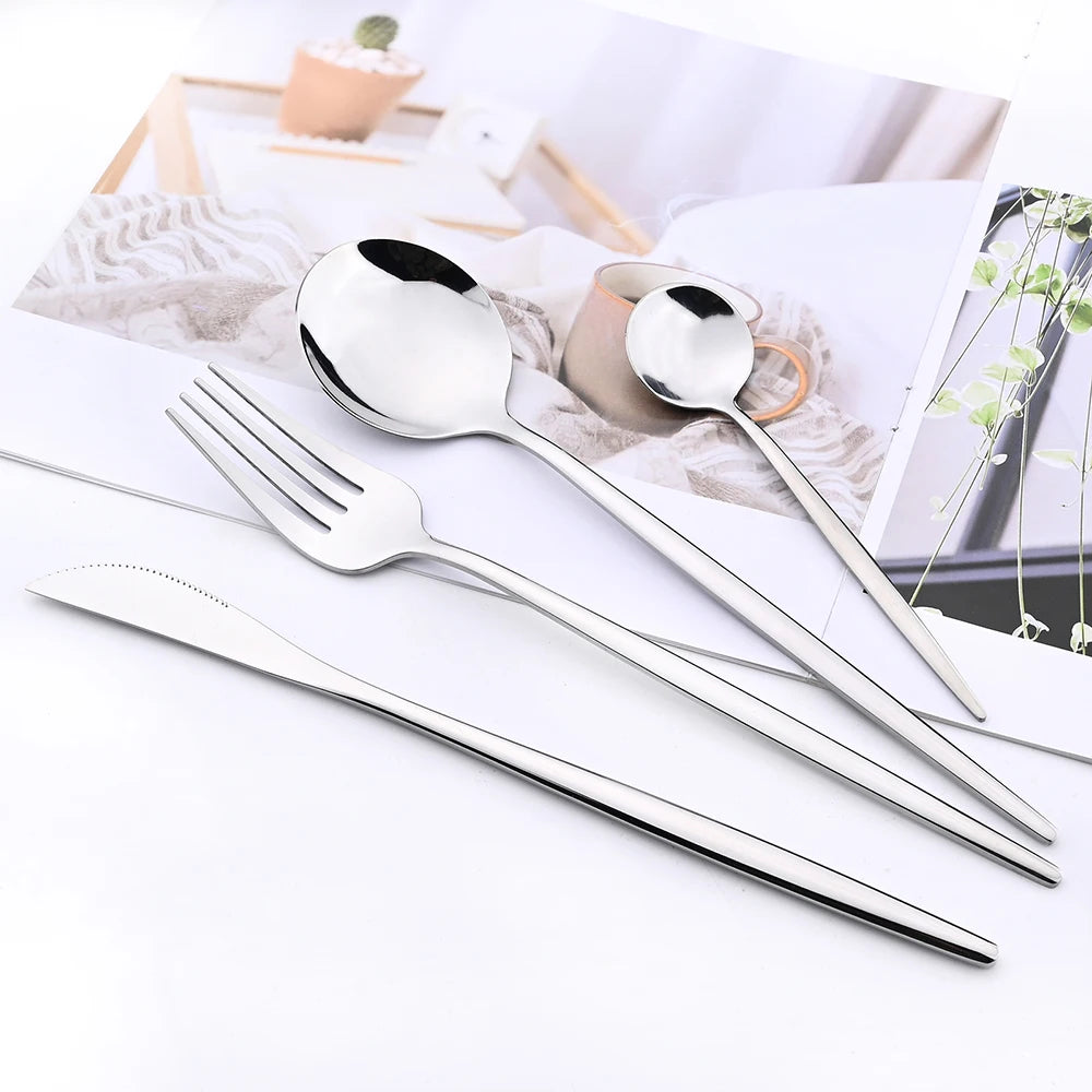 4Pcs Black Silver Dinnerware Set Stainless Steel Cutlery Set Kitchen Mirror Gold Tableware Set Dinner Knife Fork Teaspoon Set