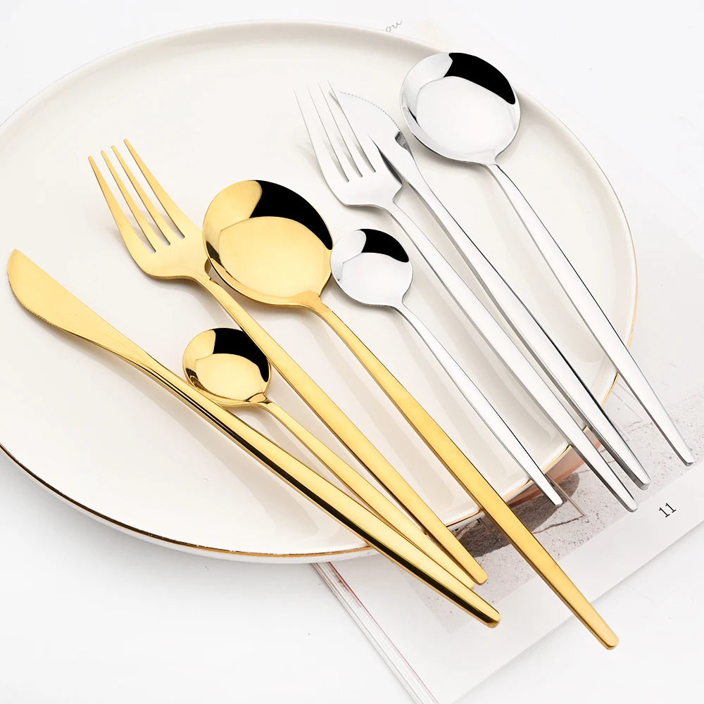 4Pcs Black Silver Dinnerware Set Stainless Steel Cutlery Set Kitchen Mirror Gold Tableware Set Dinner Knife Fork Teaspoon Set