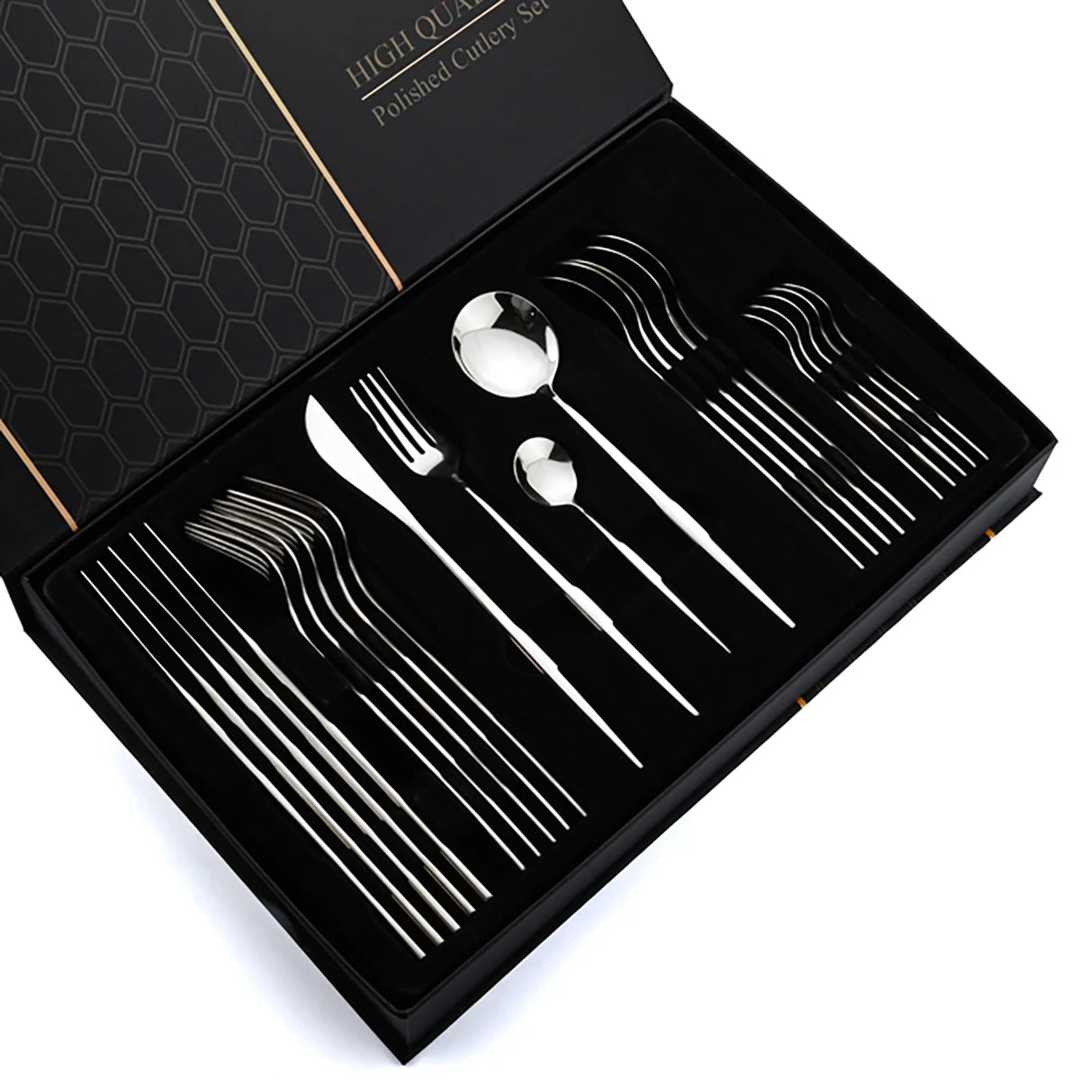 24PCS Gold Cutlery Sets Stainless Knife Forks Spoons Flatware Tableware Set Gift Box Portable Dinnerware Dishwasher Kitchenware