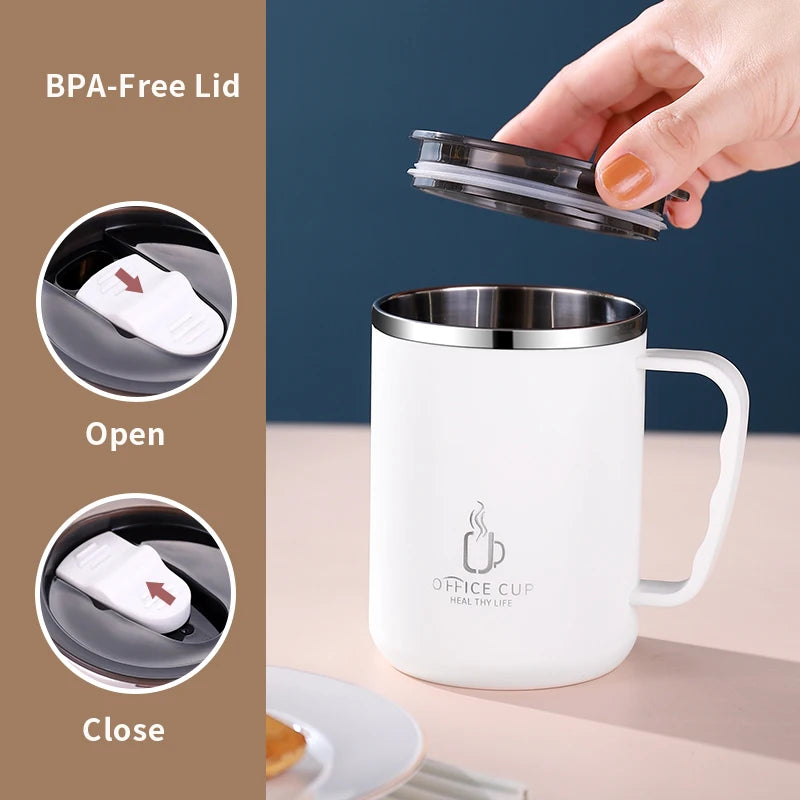 500ml/17oz 304 Stainless Steel Water Bottle Double Layers Coffee Mug Milk Cup With Plastic Lid And Handle