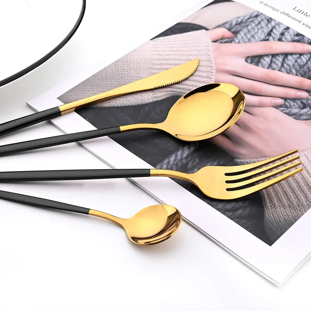 4Pcs Black Silver Dinnerware Set Stainless Steel Cutlery Set Kitchen Mirror Gold Tableware Set Dinner Knife Fork Teaspoon Set